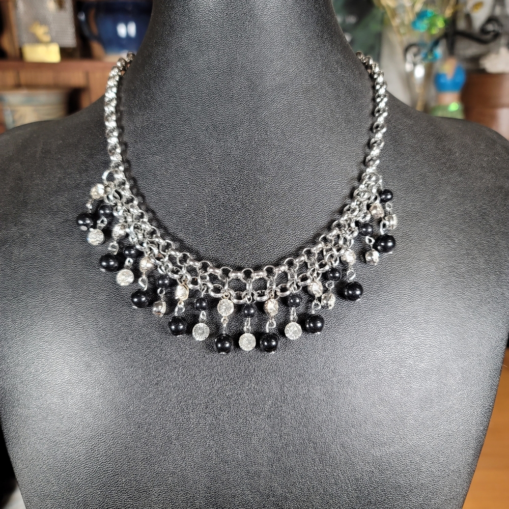 Elegant Silver and Black Beaded Necklace